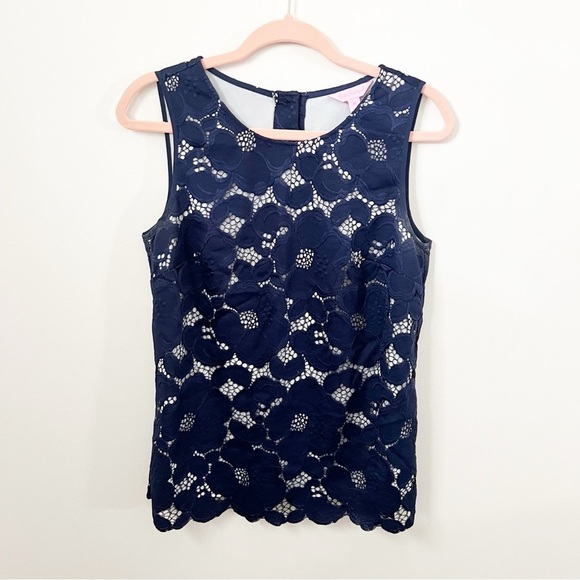 Lilly Pulitzer Navy Floral Lace Iona Shell Sleeveless Top Medium - Picture 1 of 8